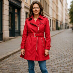 Michael Kors Red Belted Trench Coat Jacket Gold Zipper Hardware Women’s XL